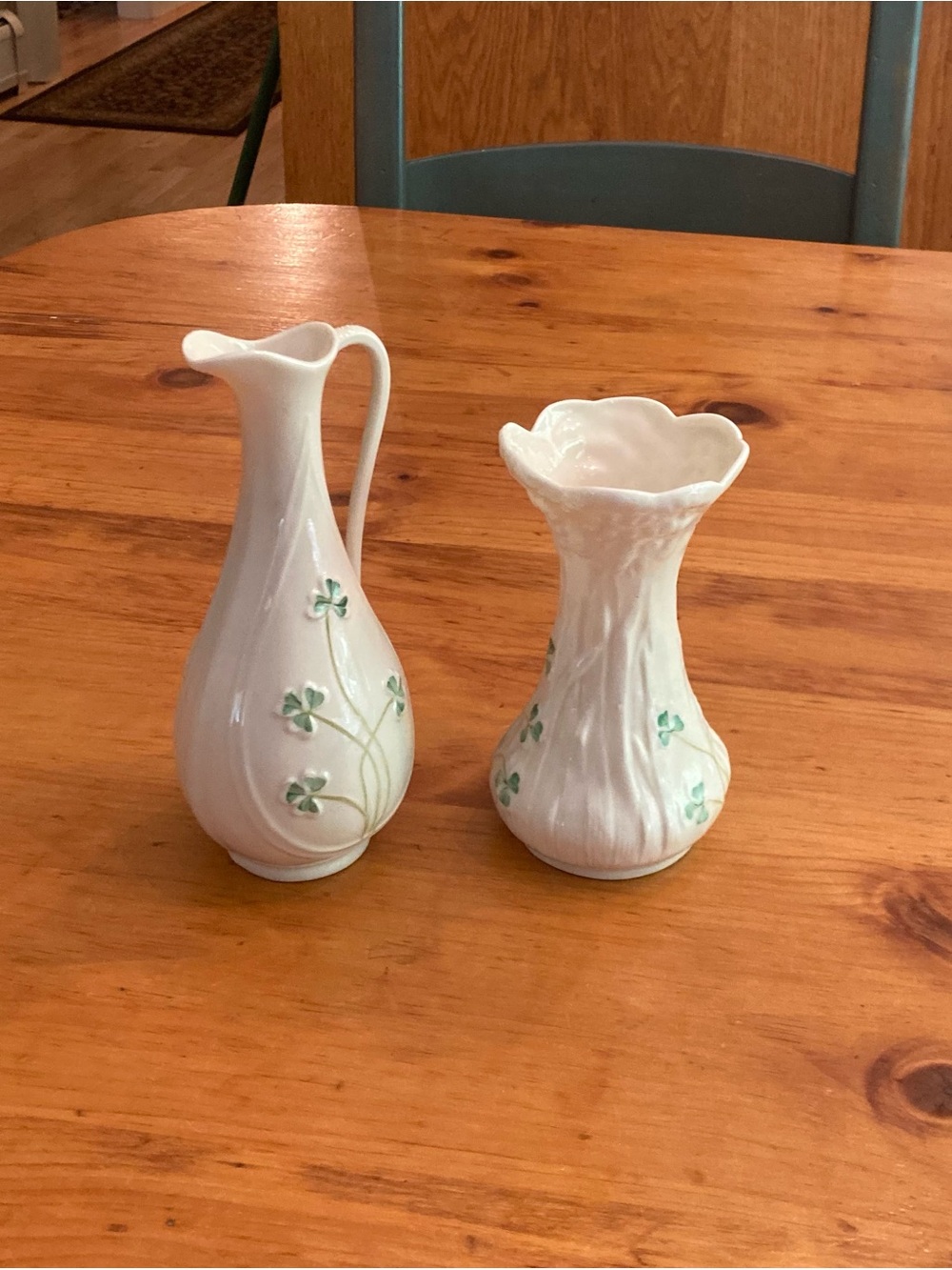 Belleek White Porcelain Vases with Green Clover Motif